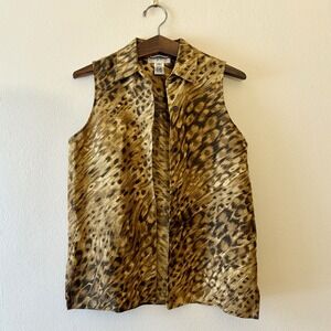 Vintage Easy Spirit Silk & Linen Top Leopard Sleeveless Blouse Womens S Mob Wife